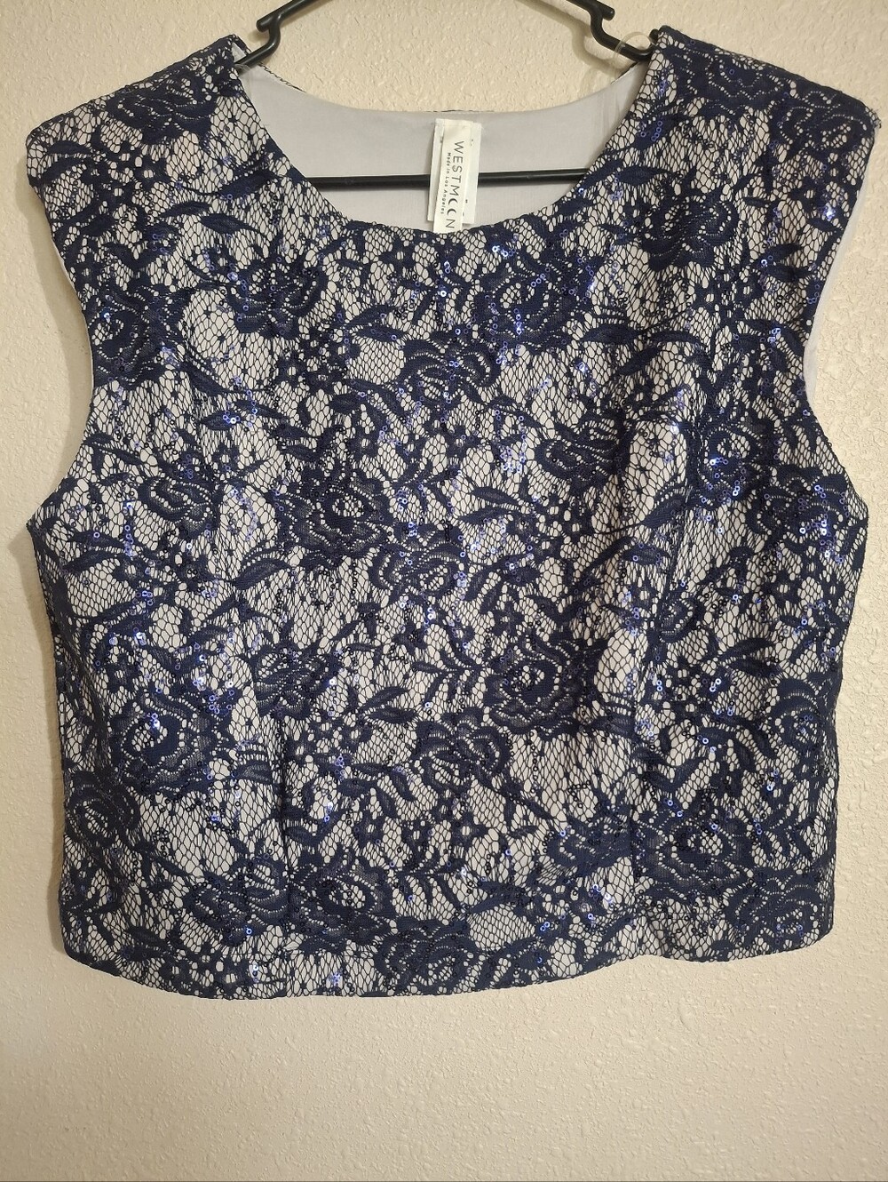 WESTMOON Navy Floral Lace And Sequin Crop Top with Cream Lining